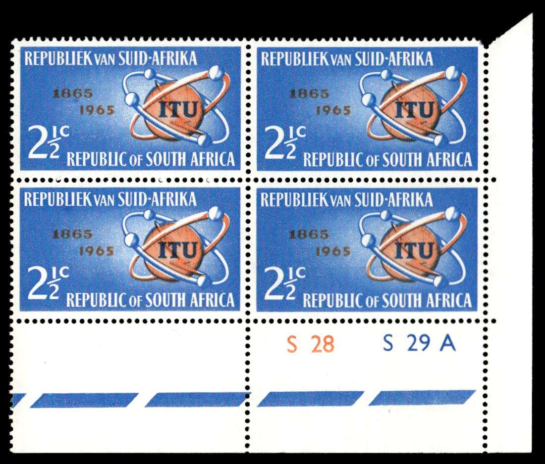 RSA 1965/05/17 I.T.U. Centenary 2½c Cyl. No S28 S29A Control Blocks
