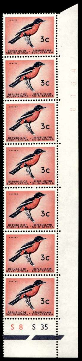RSA 1963/04 Definitive Issue 3c Cyl. No S8 S35 *No Wmk 7 Stamps