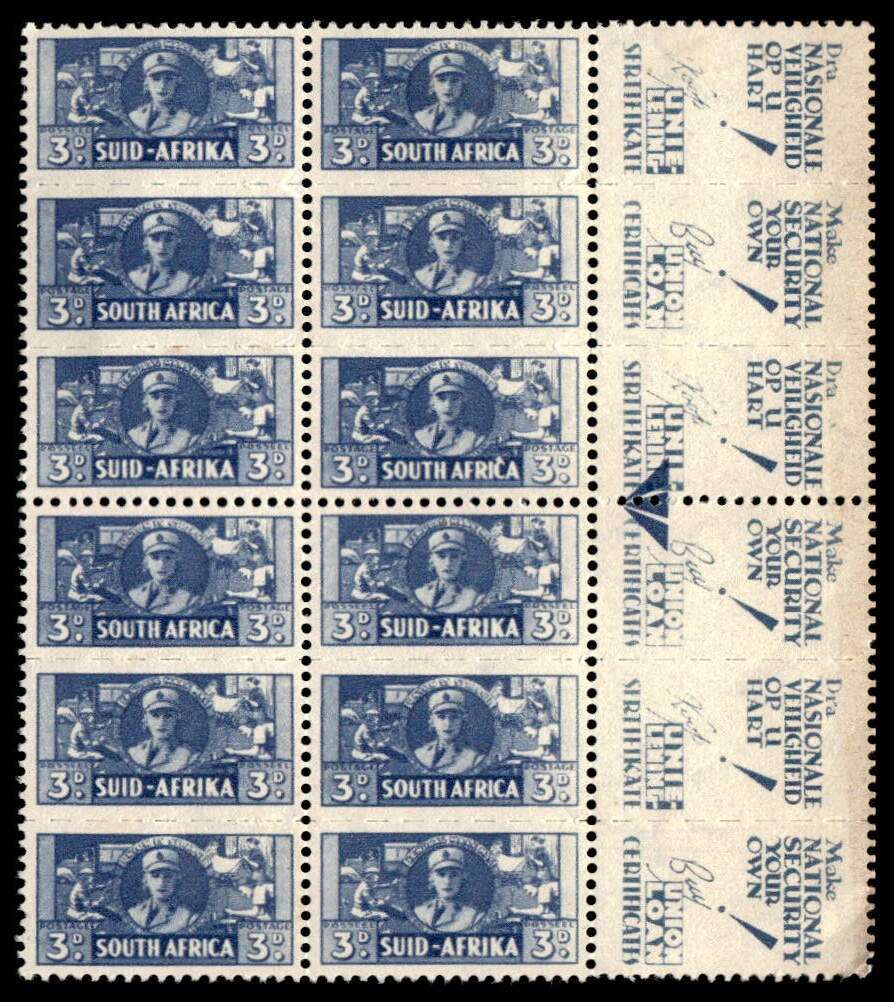 RSA 1941/08/01 South African War Effort Reduced 3d Women's Services Arrow block Wmk MSH