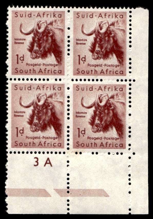RSA 1954/10/14 Definitive issue 1d Black Wildebeest Cyl No. 3A Wmk COA