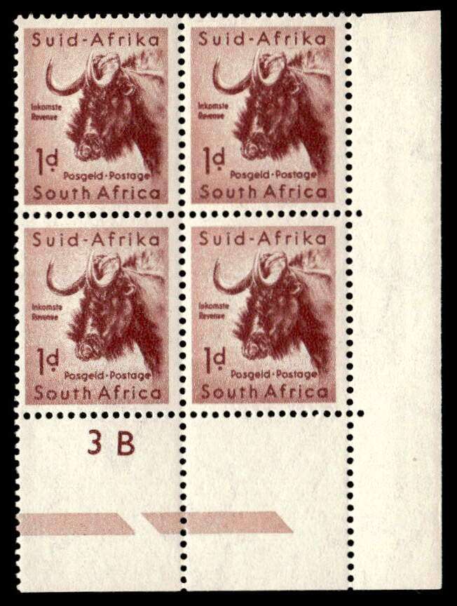 RSA 1954/10/14 Definitive issue 1d Black Wildebeest Cyl No. 3B Wmk MSH