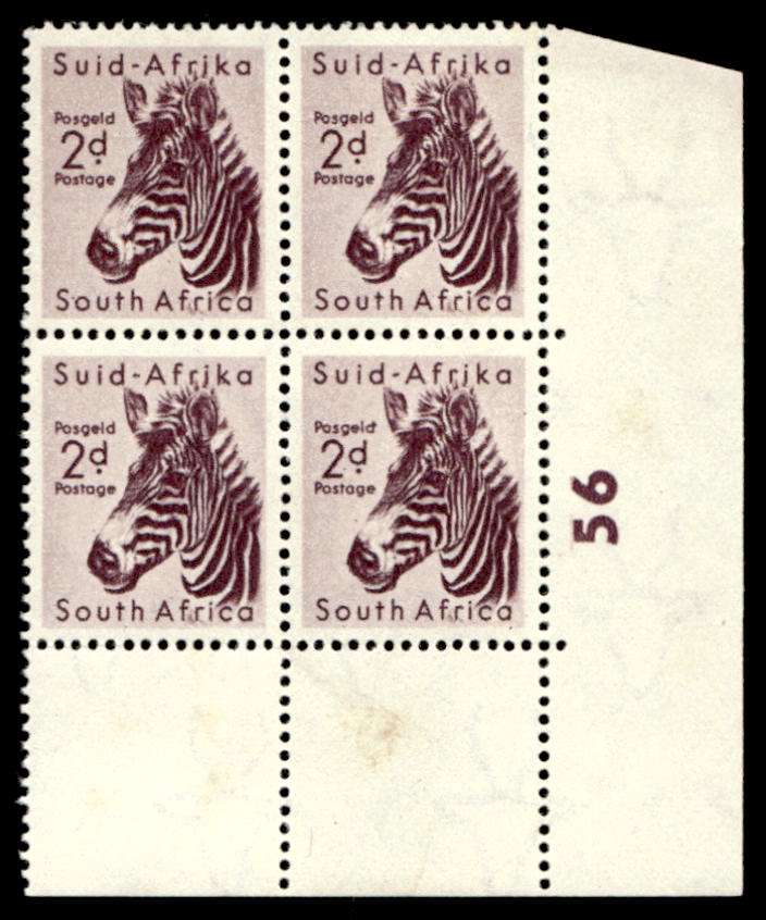 RSA 1954/10/14 Definitive issue 2d Mountain Zebra Cyl No. 56 Wmk MSH