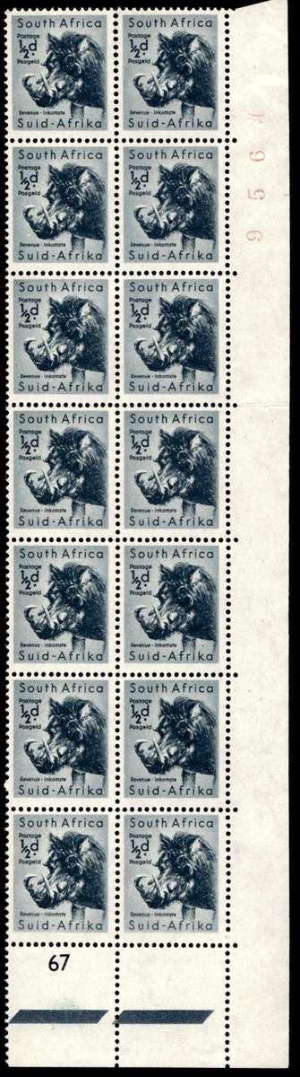 RSA 1960/12 Definitive issue ½d Warthog Cyl No. 67 Wmk MSH