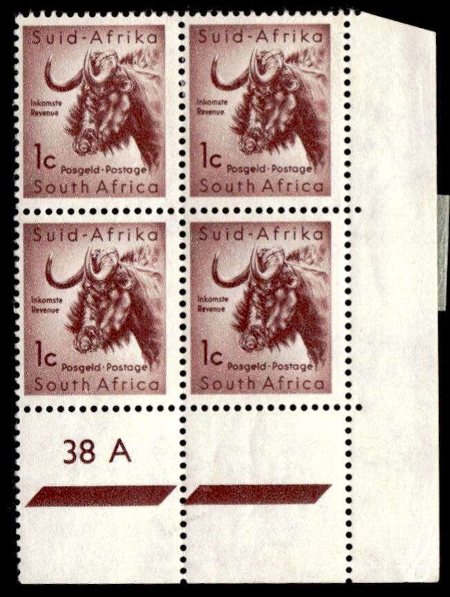 RSA 1961/02/14 Definitive Issue 1c Black Wildebeest Cyl No. 38A Wmk COA