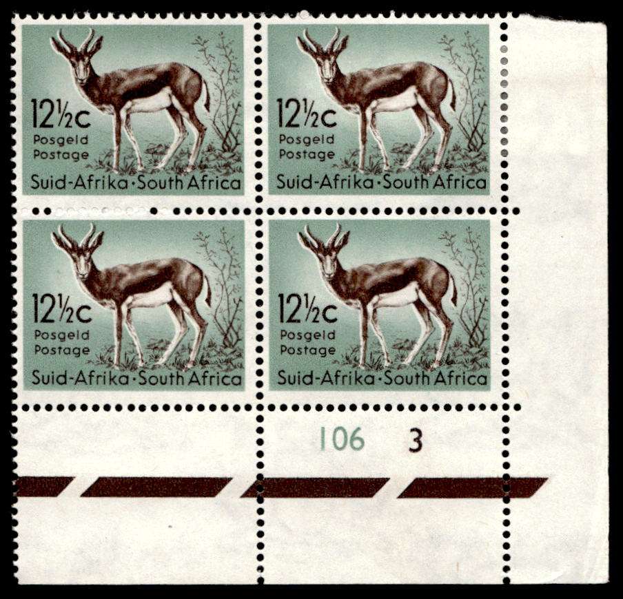 RSA 1961/02/14 Definitive Issue 12½c Springbok Cyl No. 106 3 Wmk COA