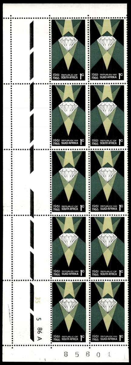 RSA 1966/05/31 Fifth Anniversary of the Republic 1c Cyl. No 35 5 86A *10 stamps