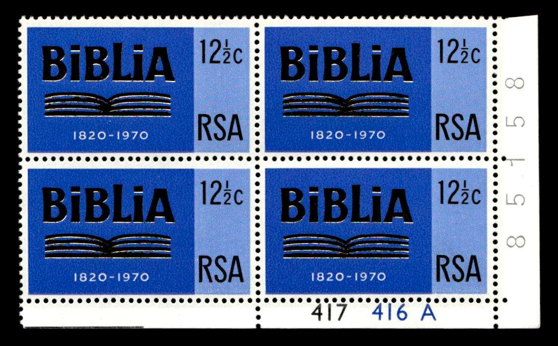 RSA 1970/08/24 150th Anniversary of Bible Society 12½c Cyl No 417 416A