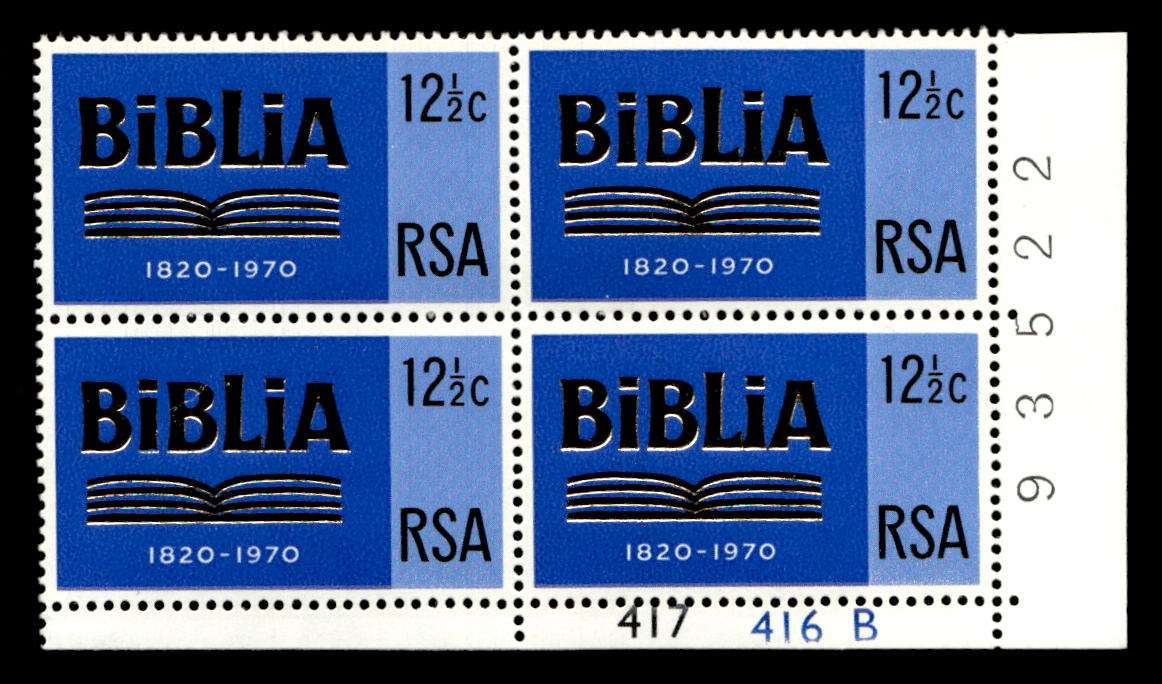 RSA 1970/08/24 150th Anniversary of Bible Society 12½c Cyl No 417 416B