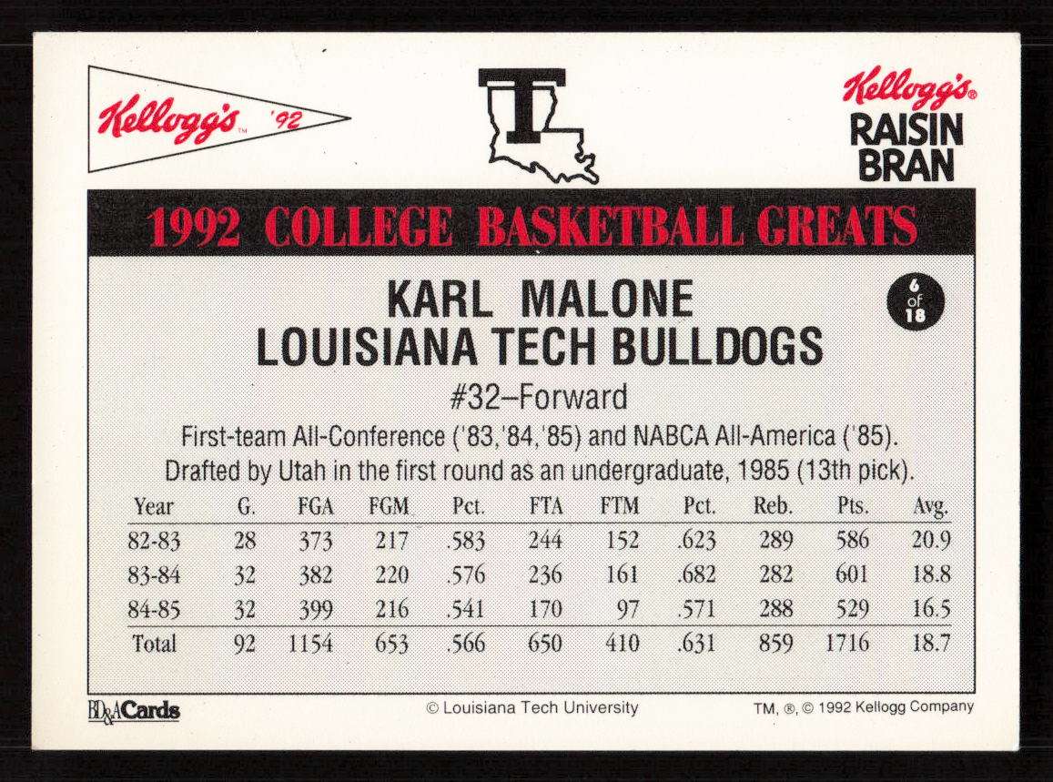 1992 Kellogg's Raisin Bran College Basketball Greats #6 Karl Malone