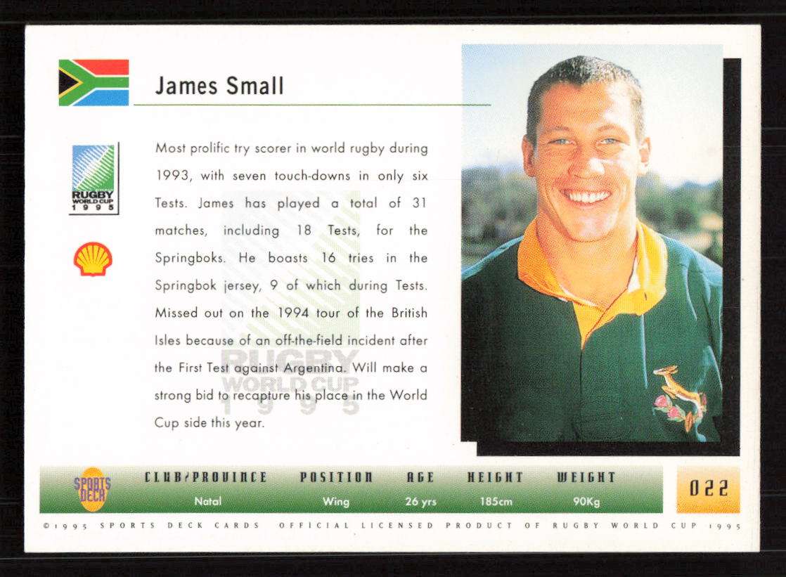 1995 Sports Deck Cards Rugby World Cup 1995 #022 James Small