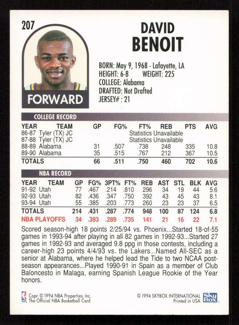 1994-95 Hoops #207 David Benoit