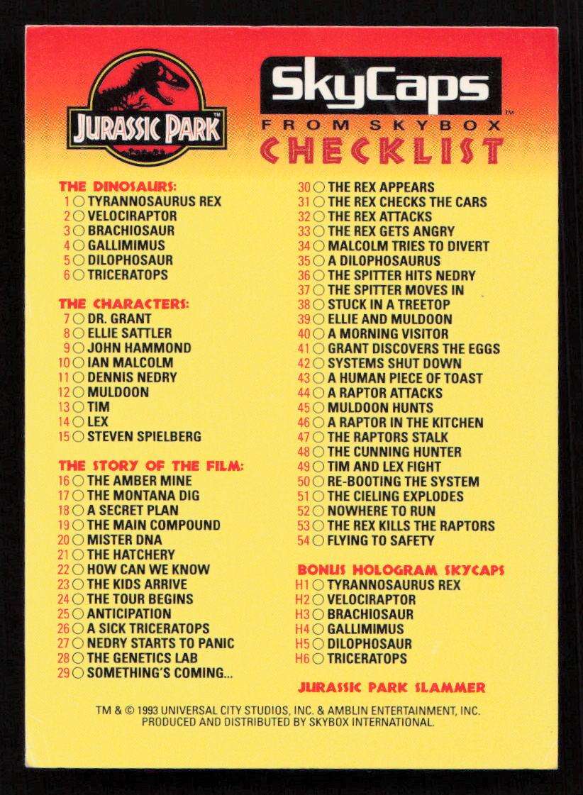 1992 Skybox Jurassic Park - Checklist