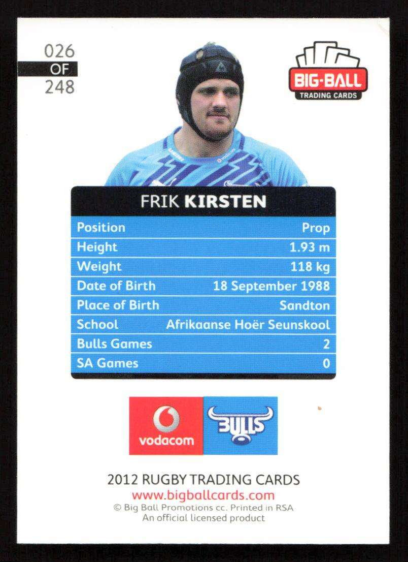 Big Ball 2012 Rugby Trading Card Card 026/248 Frik Kirsten