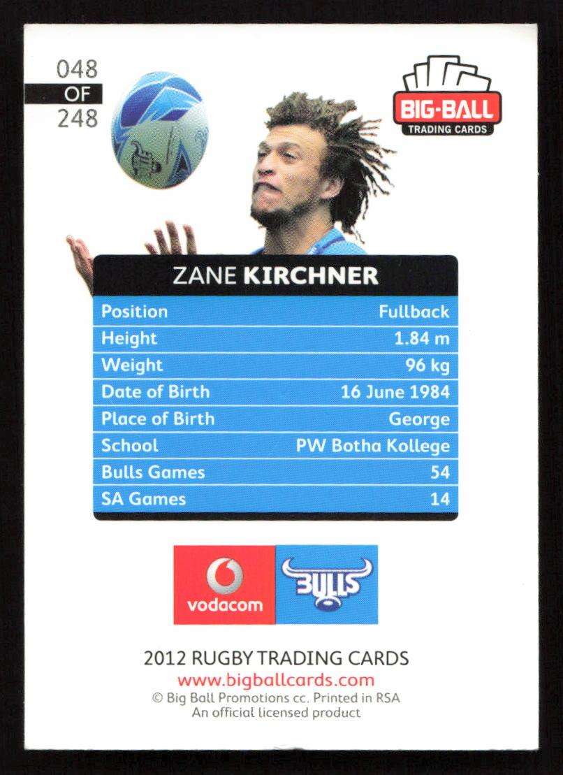 Big Ball 2012 Rugby Trading Card Card 048/248 Zane Kirchner