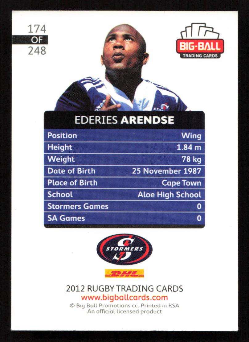 Big Ball 2012 Rugby Trading Card Card 174/248 Ederies Arendse