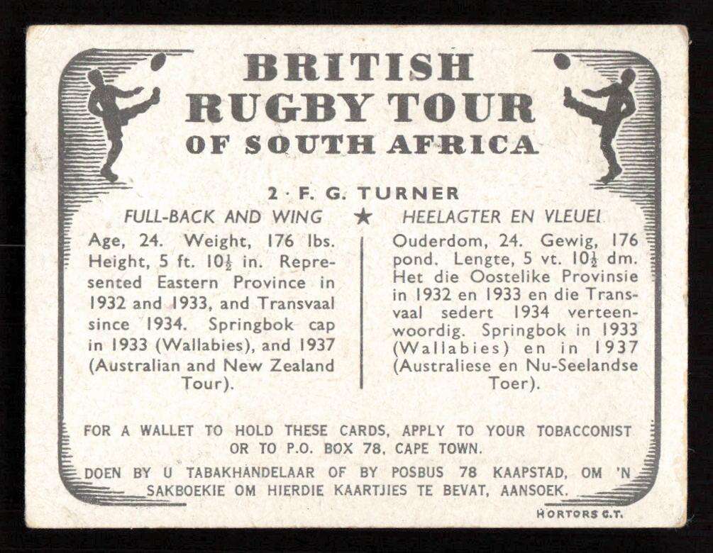 United Tobacco 1938 British Rugby Tour Cigarette Card 2 F. G. Turner