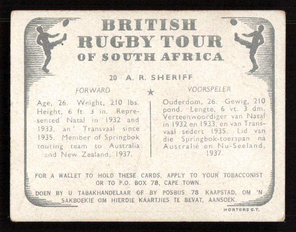 United Tobacco 1938 British Rugby Tour Cigarette Card 20 A. R. Sheriff