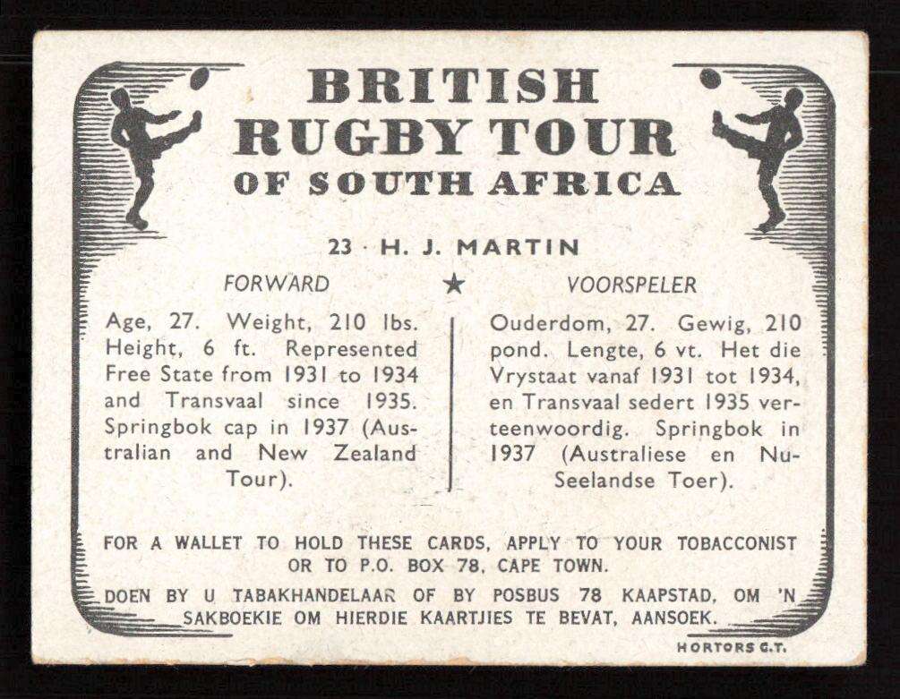 United Tobacco 1938 British Rugby Tour Cigarette Card 23 H. J. Martin