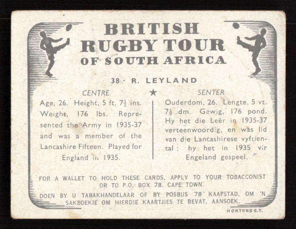 United Tobacco 1938 British Rugby Tour Cigarette Card 38 R. Leyland