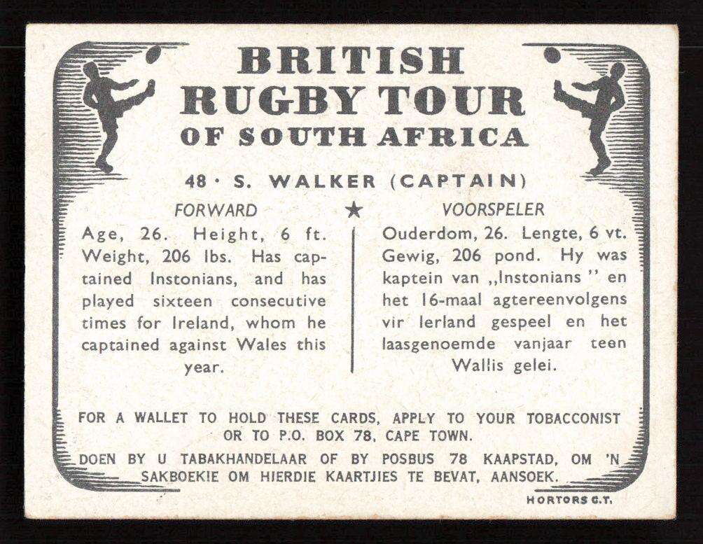 United Tobacco 1938 British Rugby Tour Cigarette Card 48 S. Walker (Captain)