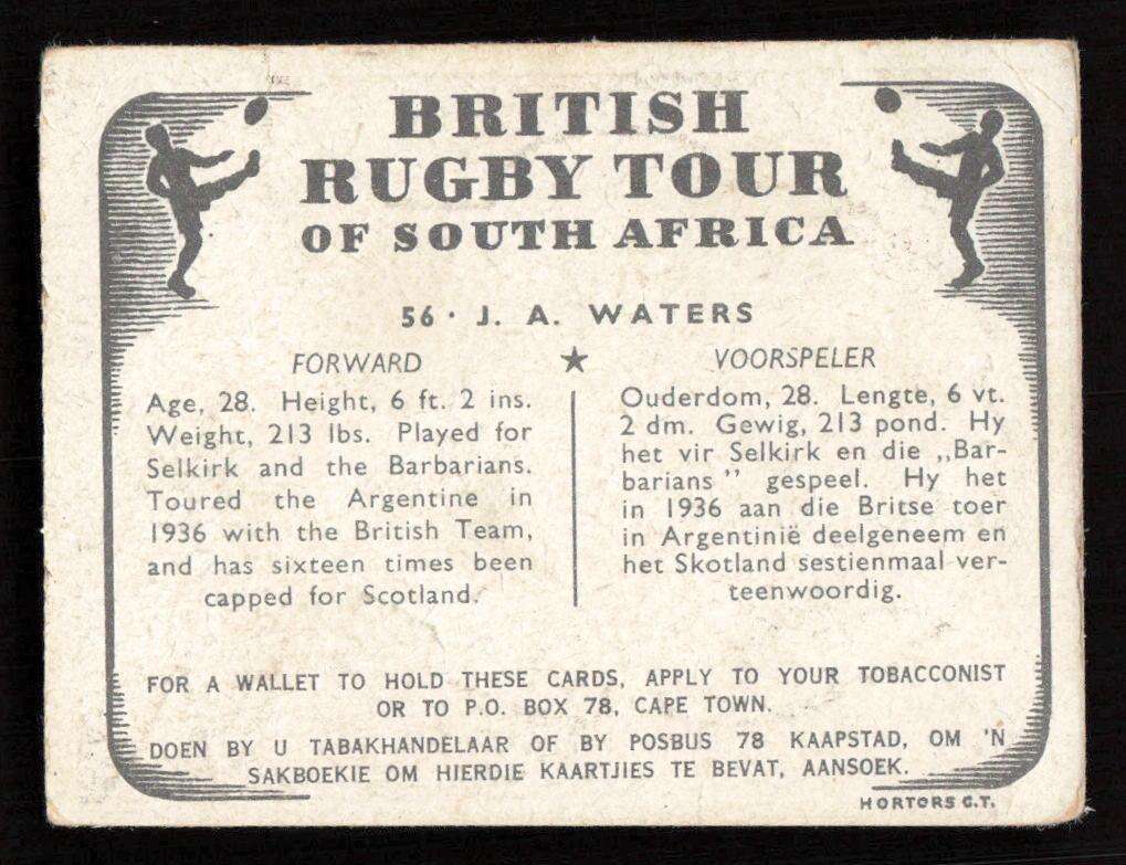 United Tobacco 1938 British Rugby Tour Cigarette Card 56 J. A. Waters