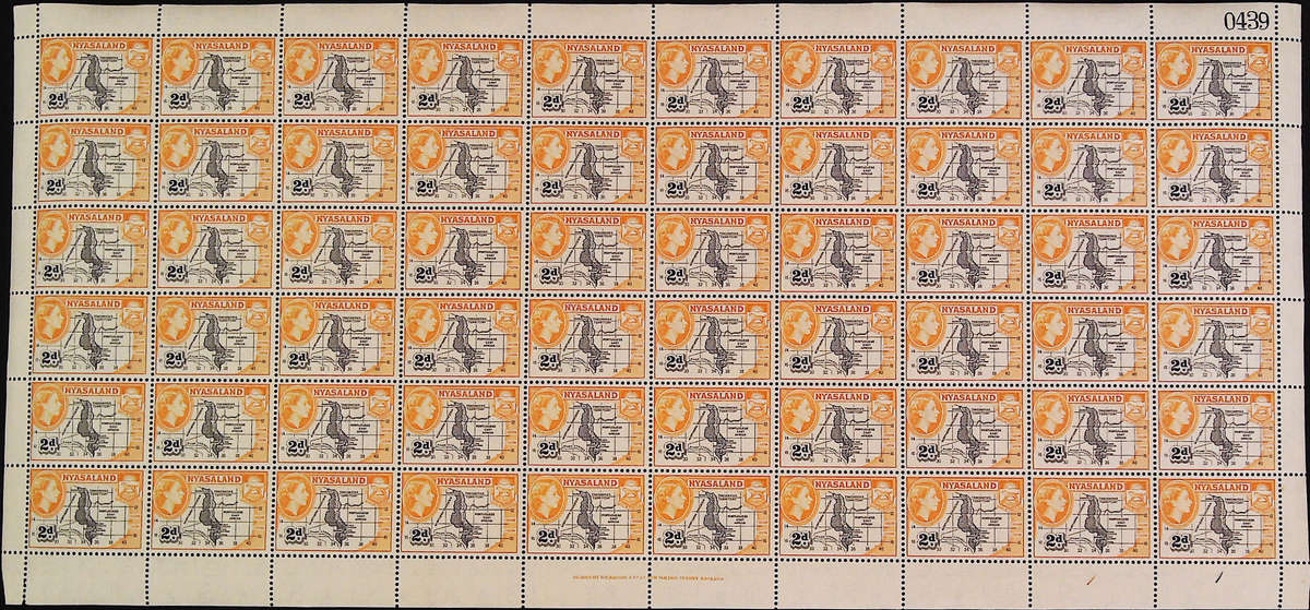 Nyasaland Protectorate 1953 - 54 QEII SG176 2d black and yellow-orange *Complete Sheet No 0439