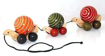 HAND MADE WOODEN TORTOISE-TRIPPLE PULL ALONG, FACINATING TOY. WHEELS TURN THE SHELLS. UNUSED.