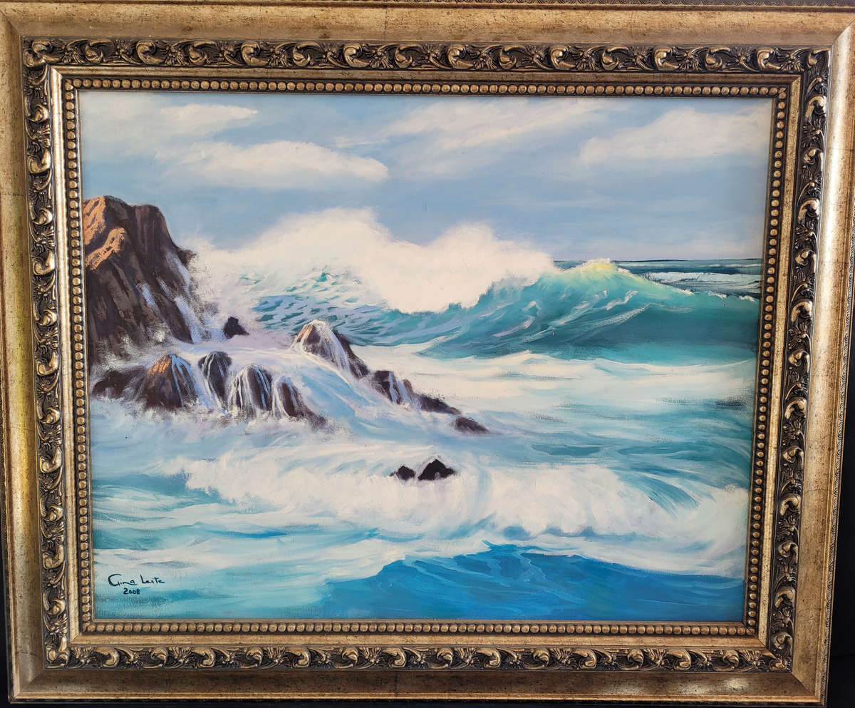 LARGE, ORNATELY FRAMED AND BEAUTIFUL GINA LEITE, SIGNED SEASCAPE