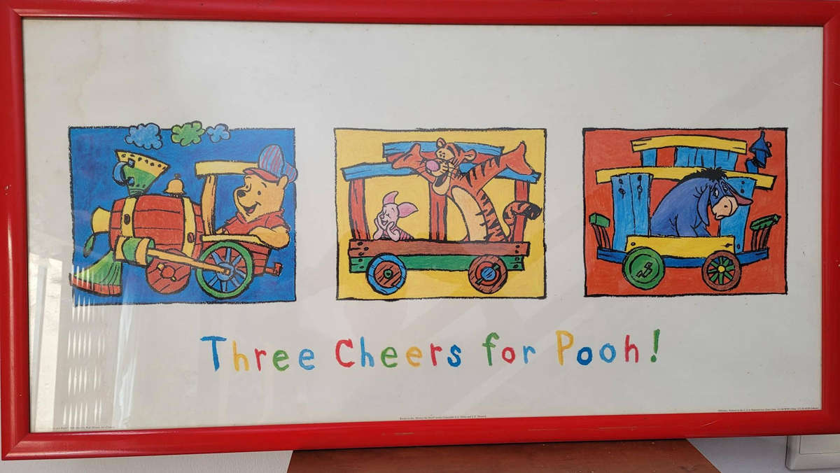 THREE CHEERS FOR POOH-AN ORIGINAL DISNEY FRAMED POSTER.