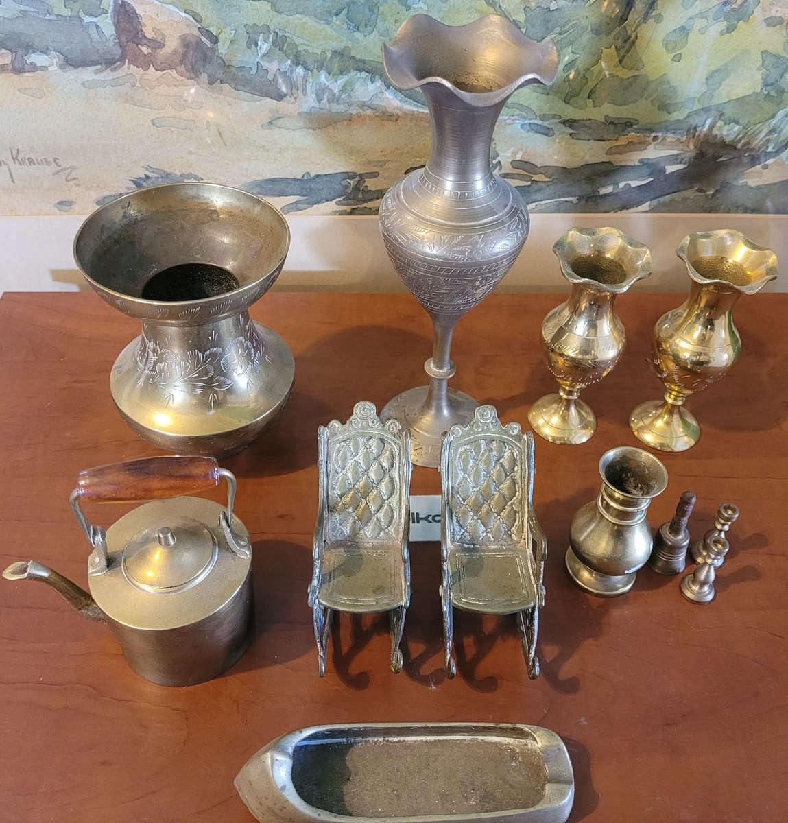 ELEVEN BRASS COLLECTABLE SMALL VASES, CHAIRS AND KETTLE. ALL FOR ONE BID.