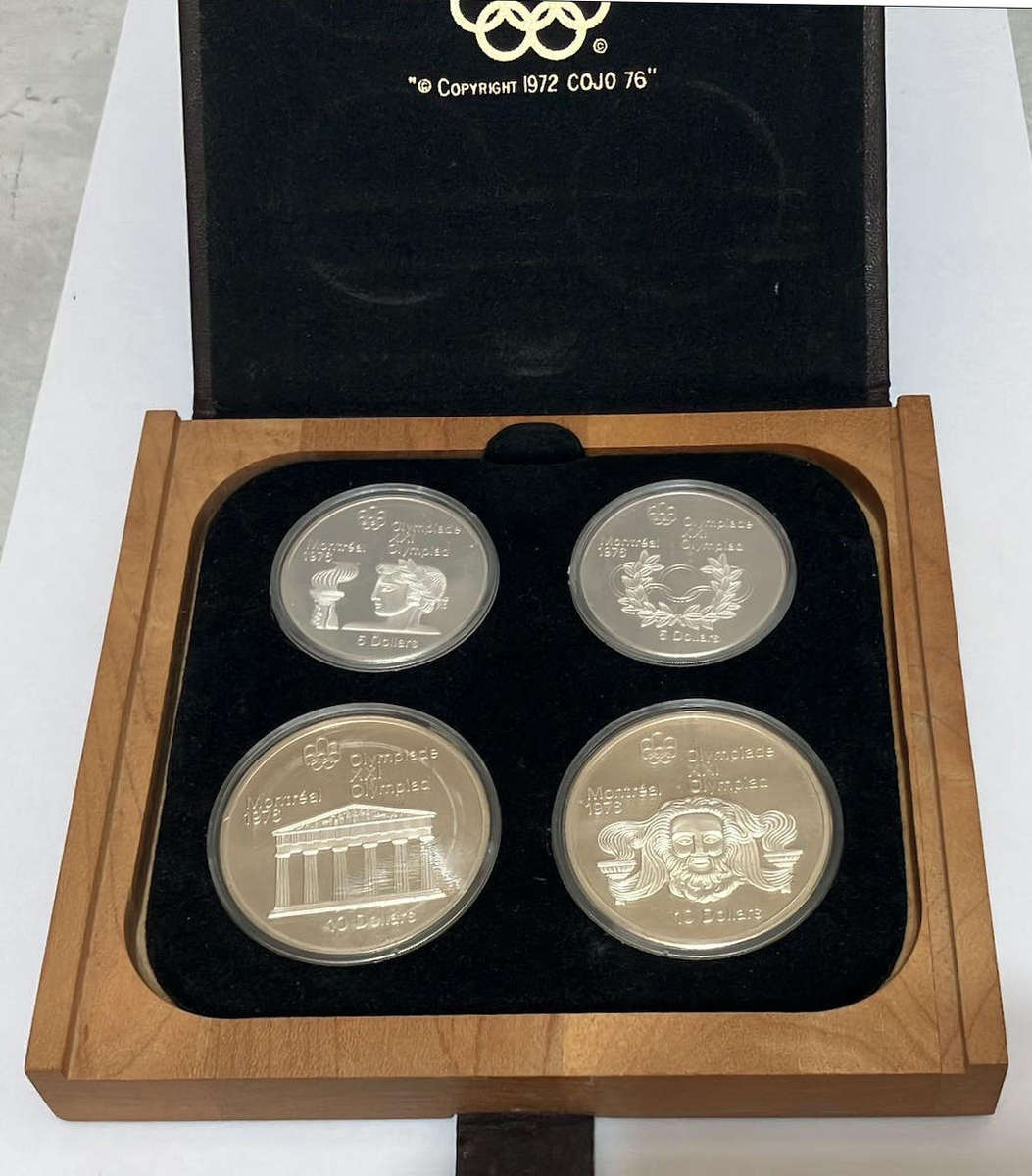 1973-1976 Canada 4-Coin Silver Montreal Olympics Proof Set Torch, Wreath, Zeus Temple & Head.
