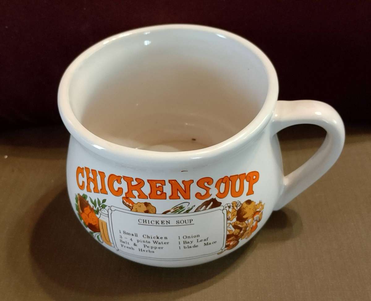 Ceramic soup mug featuring a classic chicken soup recipe on the side