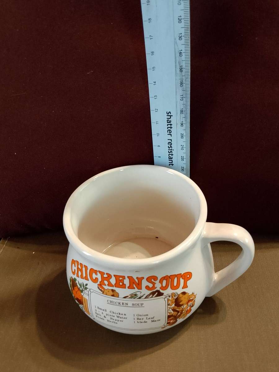 Ceramic soup mug featuring a classic chicken soup recipe on the side