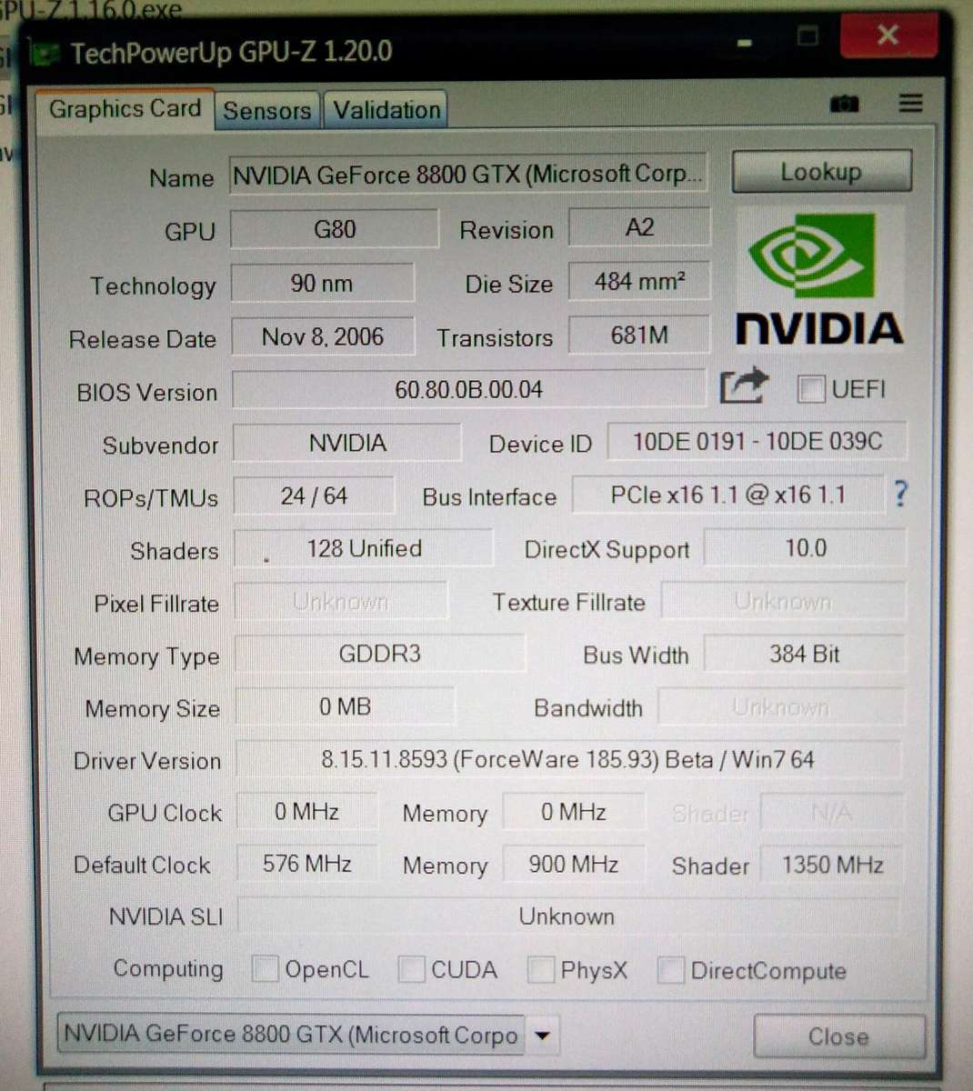 nVidia 8800 GTX 768MB 384-Bit PCI-E (2006)