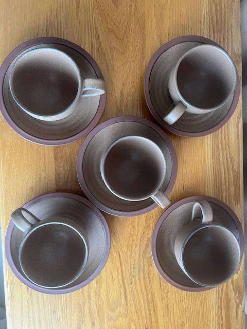 Set of 5 Argilla Pottery coffee cups and saucers