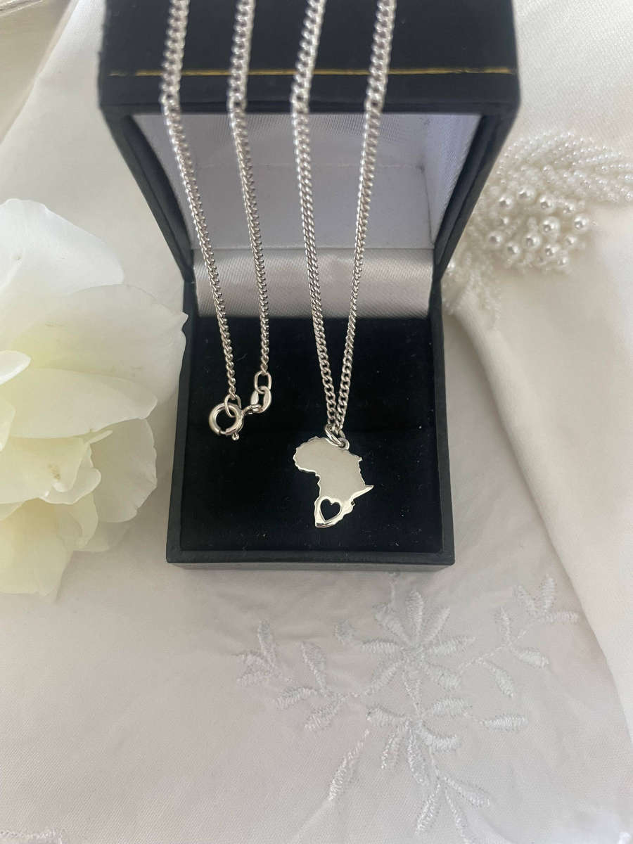 I Love Africa Heart Cutout Sterling Silver 925 Pendant with 46mm Sterling Silver Chain.