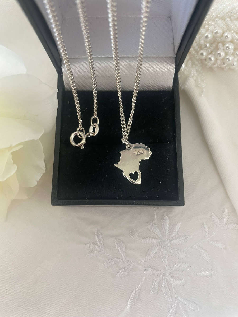 I Love Africa Heart Cutout Sterling Silver 925 Pendant with 46mm Sterling Silver Chain.