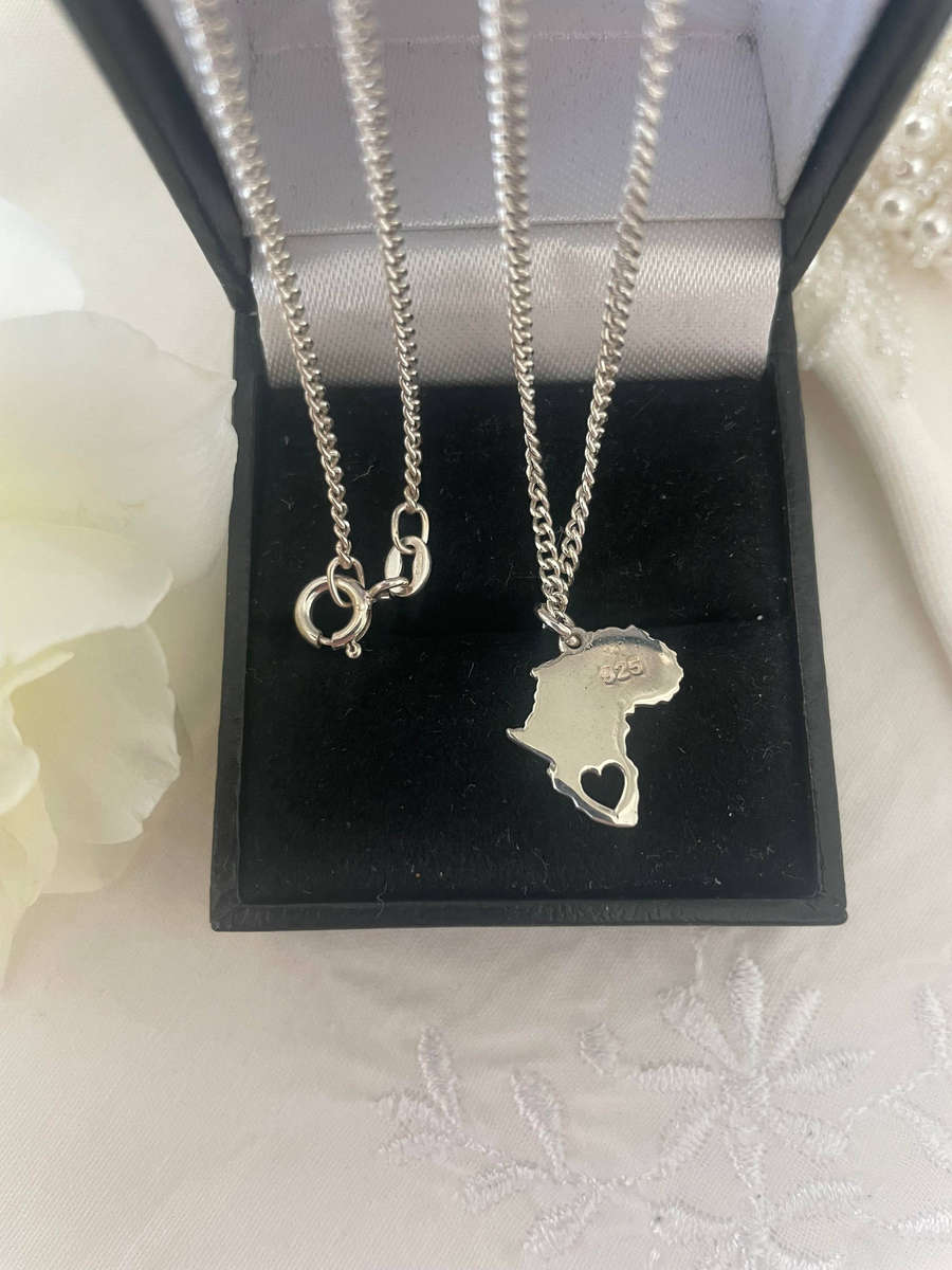 I Love Africa Heart Cutout Sterling Silver 925 Pendant with 46mm Sterling Silver Chain.