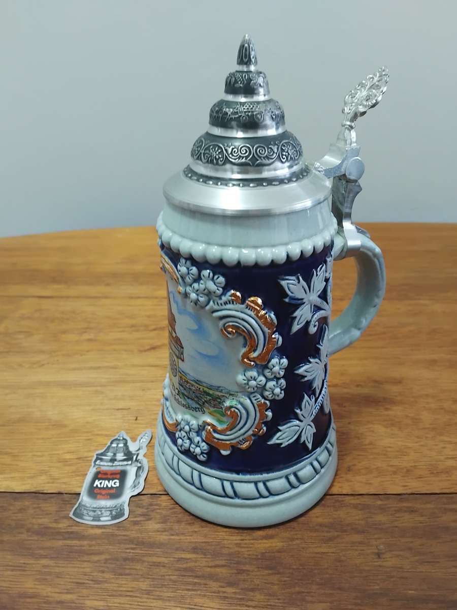 Original COA King Austria Beer Stein Lidded - Austrian Pottery - Pewter Lid - 3d Stoneware Beer Cup.