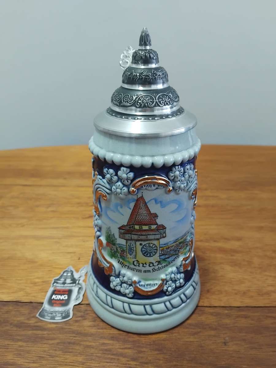 Original COA King Austria Beer Stein Lidded - Austrian Pottery - Pewter Lid - 3d Stoneware Beer Cup.