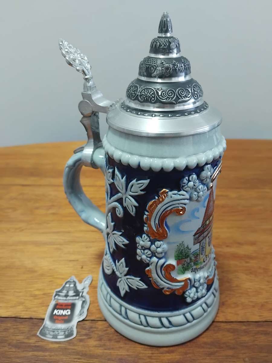 Original COA King Austria Beer Stein Lidded - Austrian Pottery - Pewter Lid - 3d Stoneware Beer Cup.