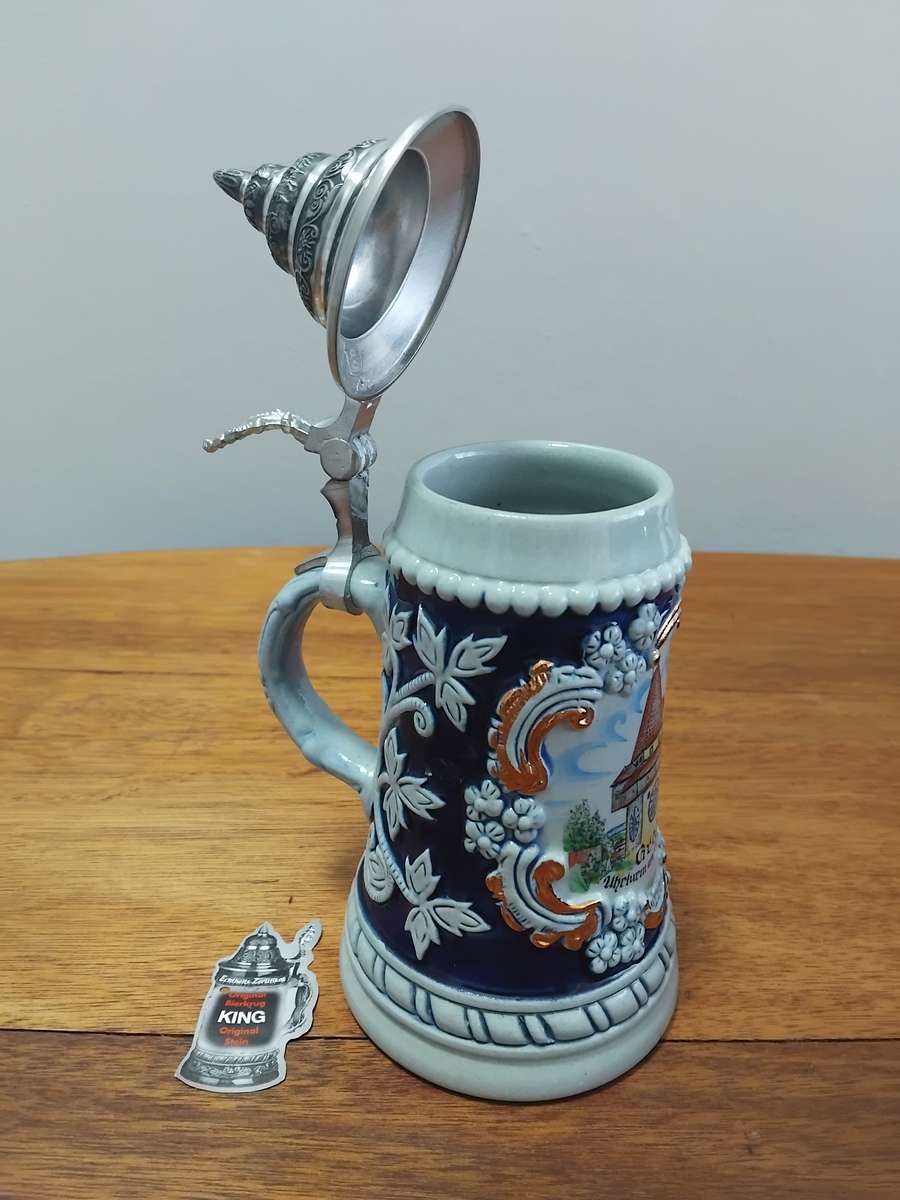 Original COA King Austria Beer Stein Lidded - Austrian Pottery - Pewter Lid - 3d Stoneware Beer Cup.
