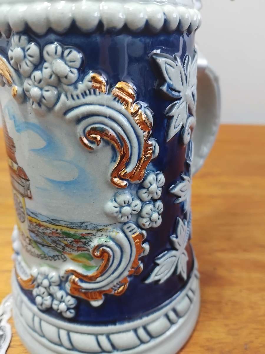 Original COA King Austria Beer Stein Lidded - Austrian Pottery - Pewter Lid - 3d Stoneware Beer Cup.