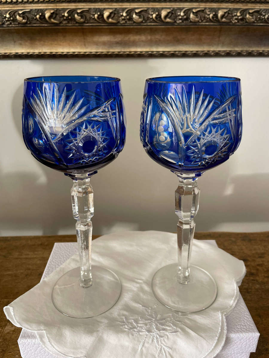 Bohemian Crystal Cut to Clear Cobalt Blue Wine Glasses/ Goblets Lead Crystal! Set of 2!