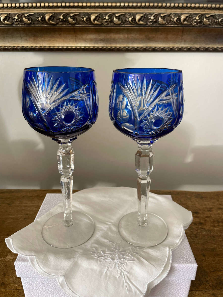 Bohemian Crystal Cut to Clear Cobalt Blue Wine Glasses/ Goblets Lead Crystal! Set of 2!