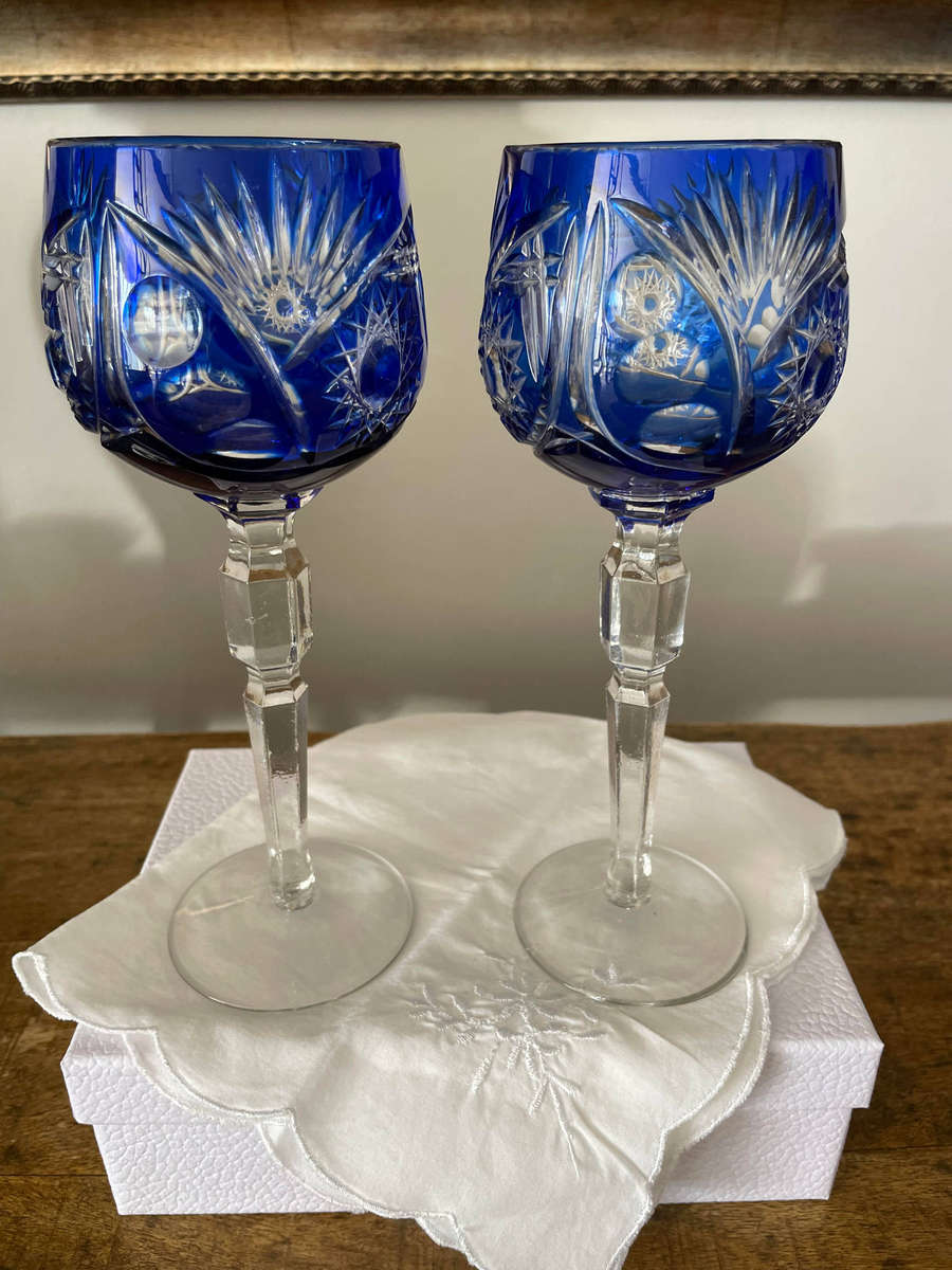 Bohemian Crystal Cut to Clear Cobalt Blue Wine Glasses/ Goblets Lead Crystal! Set of 2!