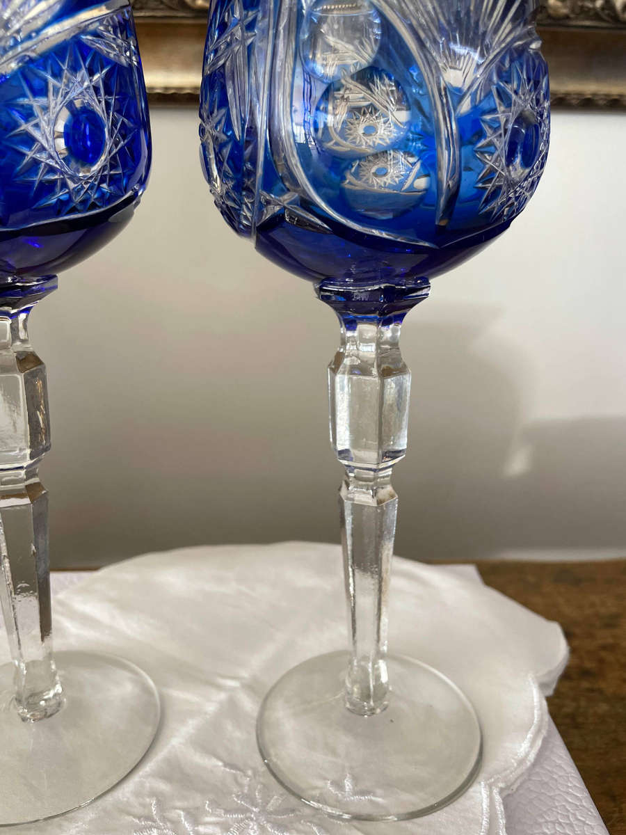 Bohemian Crystal Cut to Clear Cobalt Blue Wine Glasses/ Goblets Lead Crystal! Set of 2!