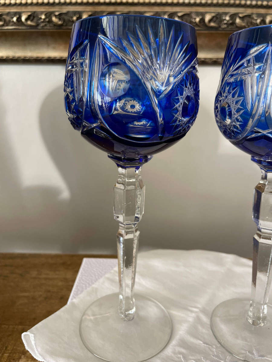Bohemian Crystal Cut to Clear Cobalt Blue Wine Glasses/ Goblets Lead Crystal! Set of 2!