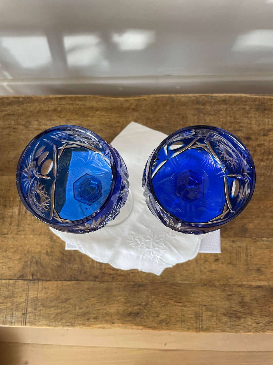 Bohemian Crystal Cut to Clear Cobalt Blue Wine Glasses/ Goblets Lead Crystal! Set of 2!
