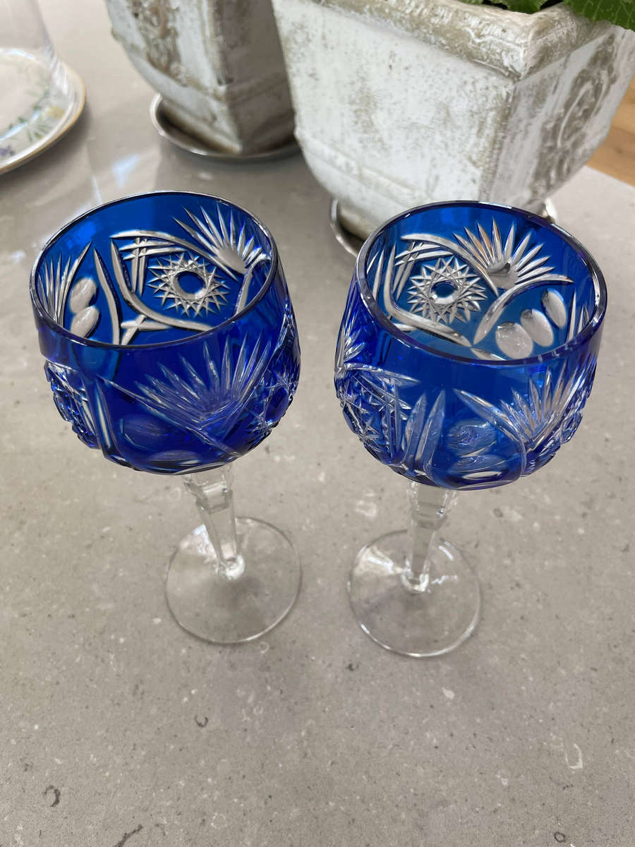 Bohemian Crystal Cut to Clear Cobalt Blue Wine Glasses/ Goblets Lead Crystal! Set of 2!